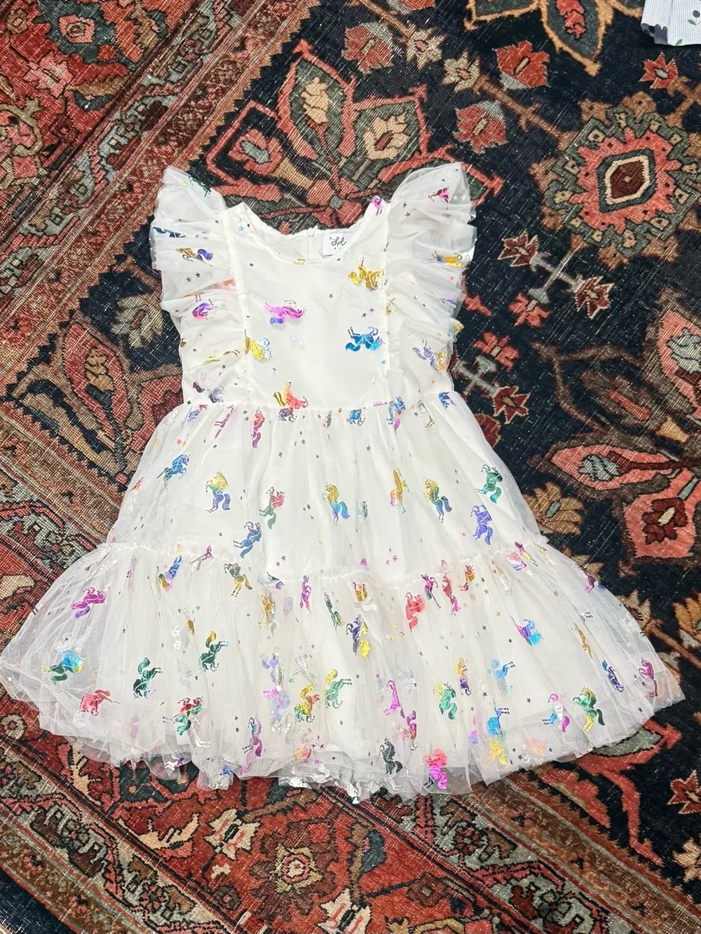 Lola + The Boys White Tulle Dress with Multicolor Unicorns
